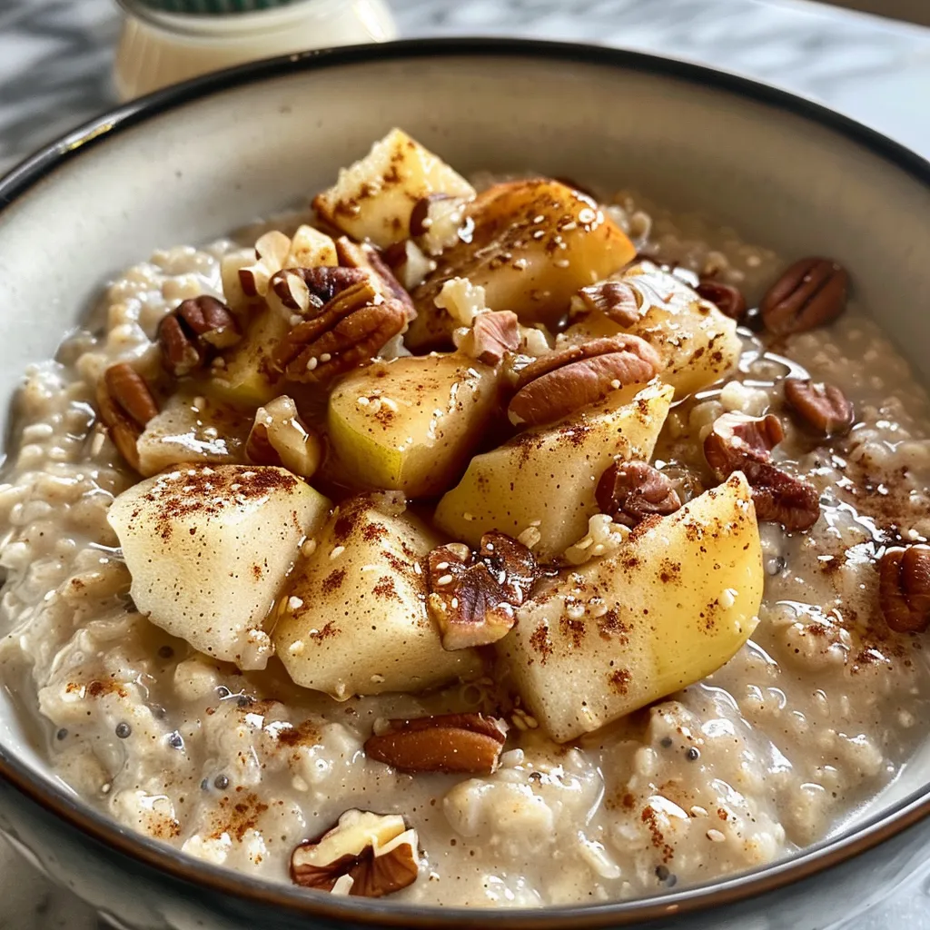 A detailed view of creamy apple cinnamon oatmeal in a bowl, featuring diced apples and a sprinkle of cinnamon on top.