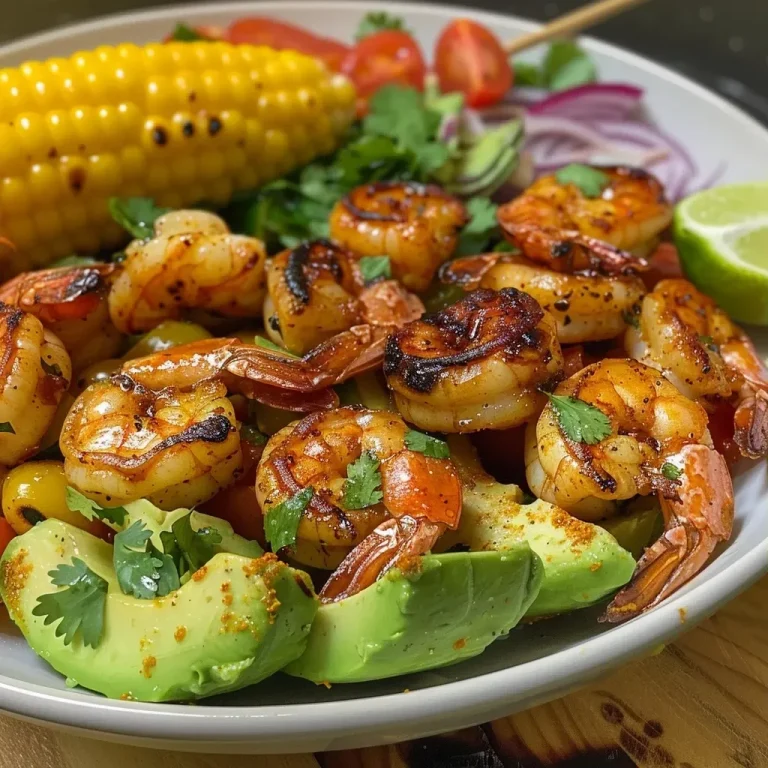 Close-up of avocado corn salad topped with grilled shrimp, garnished with cilantro.