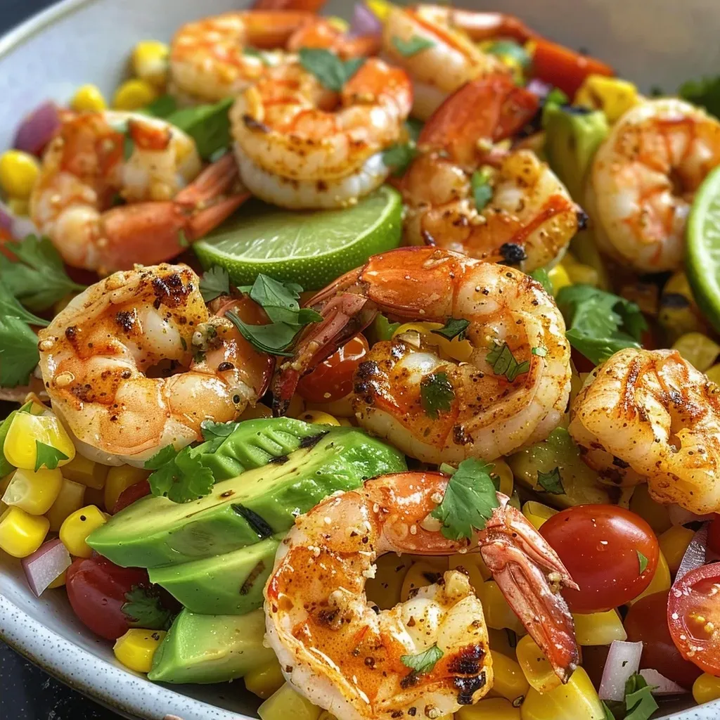 A vibrant avocado corn salad featuring grilled shrimp, cherry tomatoes, and red onion.