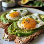Close-up of avocado toast topped with a fried egg on whole-grain bread.