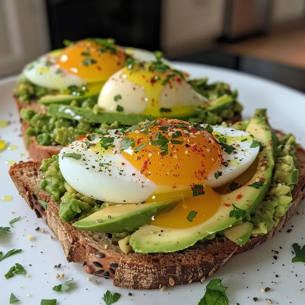 Side view of delicious avocado toast garnished with herbs and red pepper flakes.