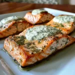 Close-up of a baked salmon fillet with a creamy dill sauce drizzled over it.