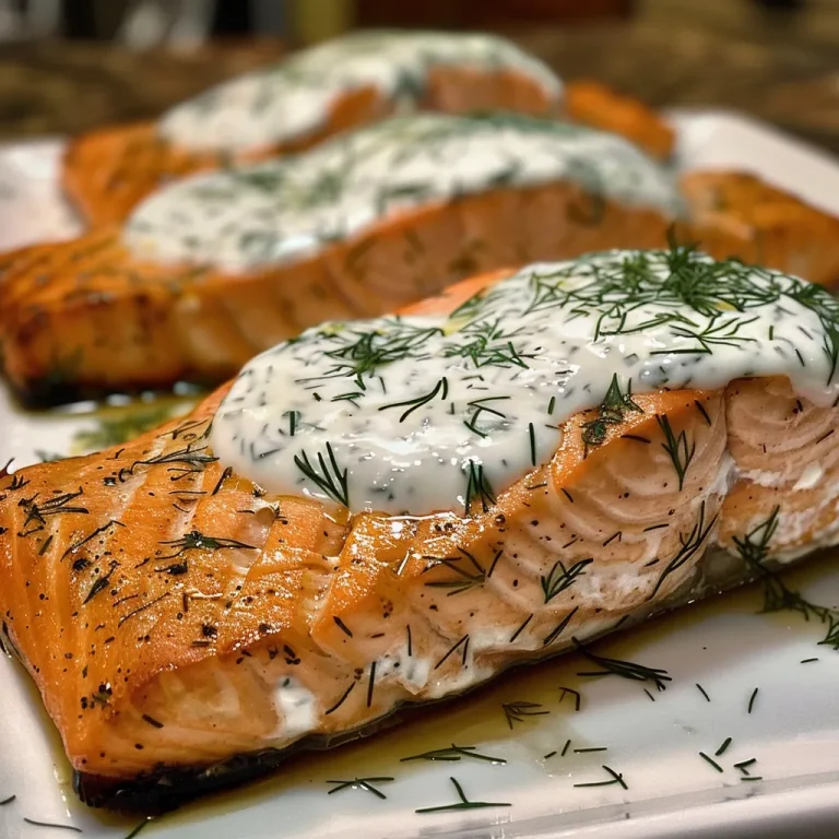 Zesty Baked Salmon with a Creamy Dill Kick: A Flavorful Catch! Close-up view of baked salmon fillet topped with a creamy dill sauce.