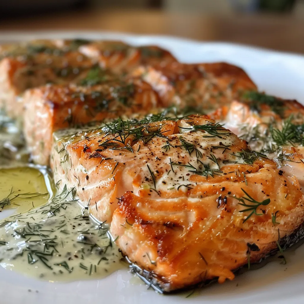 Side view of a juicy salmon fillet garnished with fresh dill sauce on a plate.