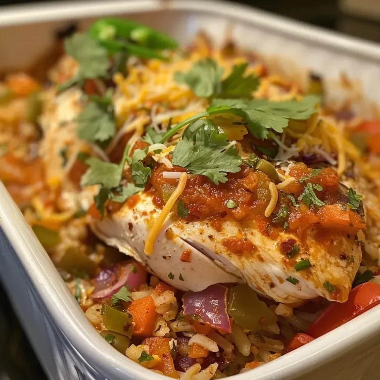 Salsa-Infused Chicken and Rice: A Flavor Fiesta on Your Plate Juicy Baked Salsa Chicken served over fluffy rice with colorful bell peppers.