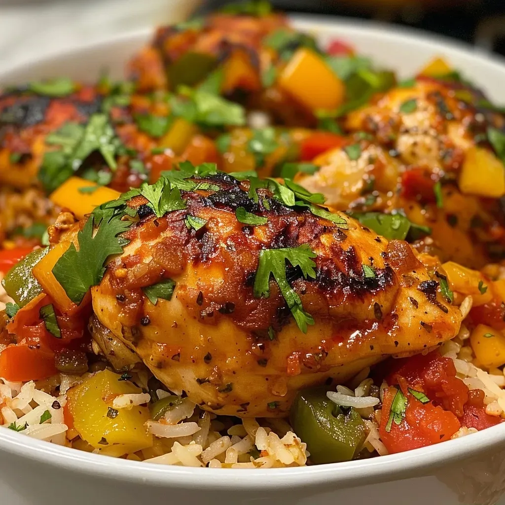 Close-up of Baked Salsa Chicken and Rice featuring melted cheese and fresh toppings.