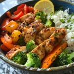 Close-up view of a balanced chicken and veggie power bowl filled with colorful ingredients.
