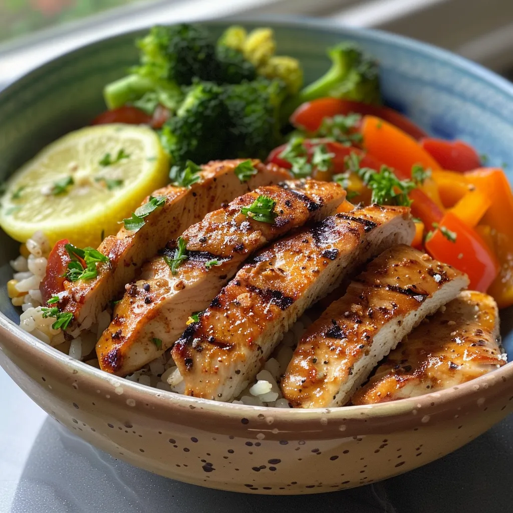 Side view of a delicious chicken and vegetable bowl, showcasing fresh colors and textures.