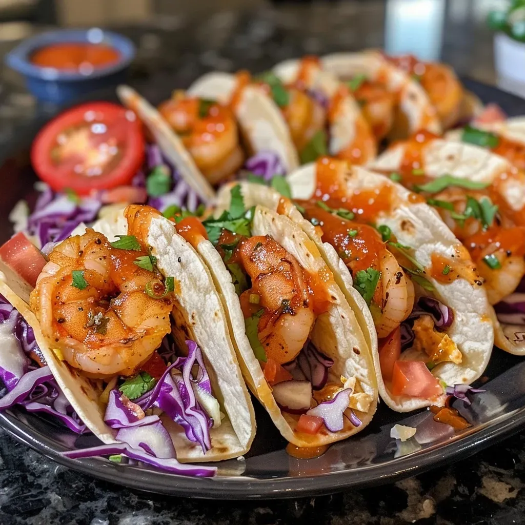 A close-up view of Bang Bang Shrimp Tacos, showcasing crispy shrimp and fresh toppings.