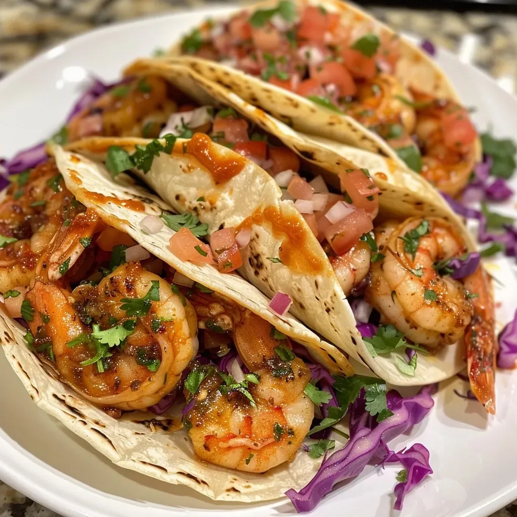 Side view of a colorful plate filled with Bang Bang Shrimp Tacos, garnished with cabbage and tomato.