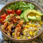 A close-up side view of a BBQ Chicken Bowl with colorful ingredients displayed.