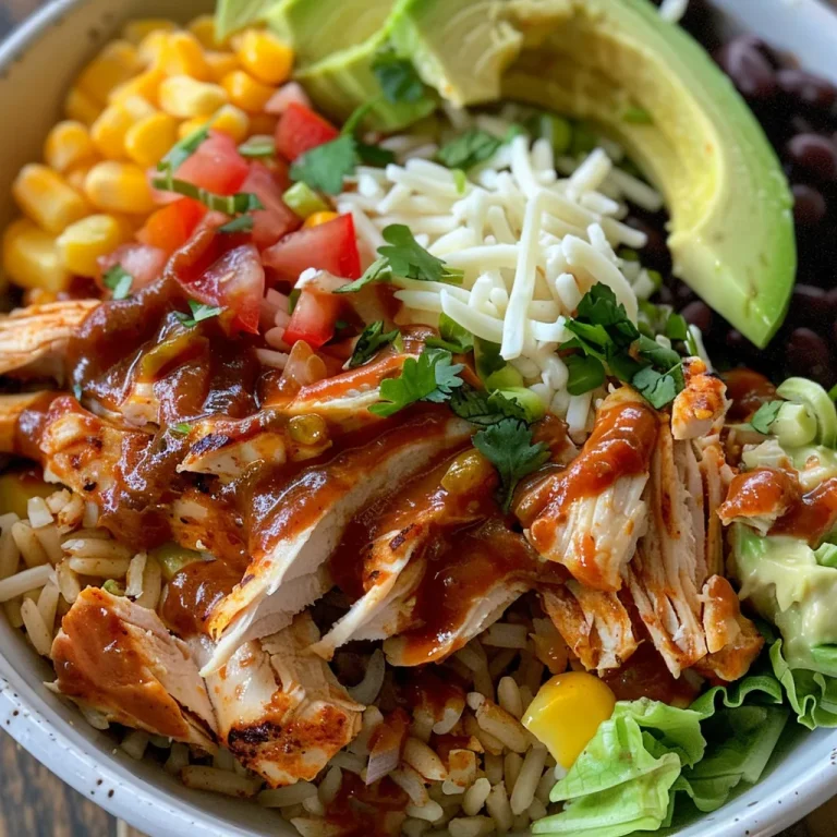 A vibrant BBQ chicken bowl topped with ranch dressing, avocado slices, and cilantro.