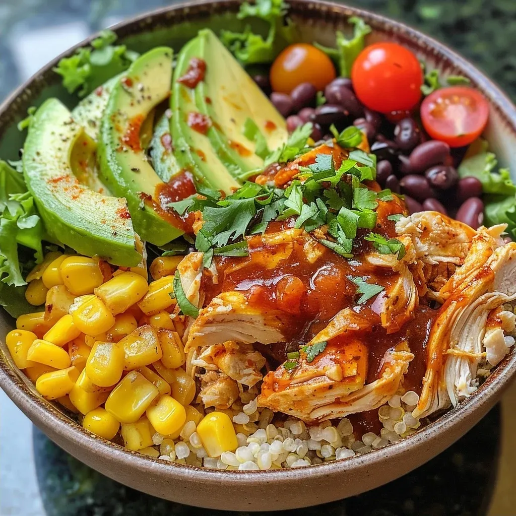 Juicy BBQ Chicken Bowl featuring shredded chicken and fresh vegetables.