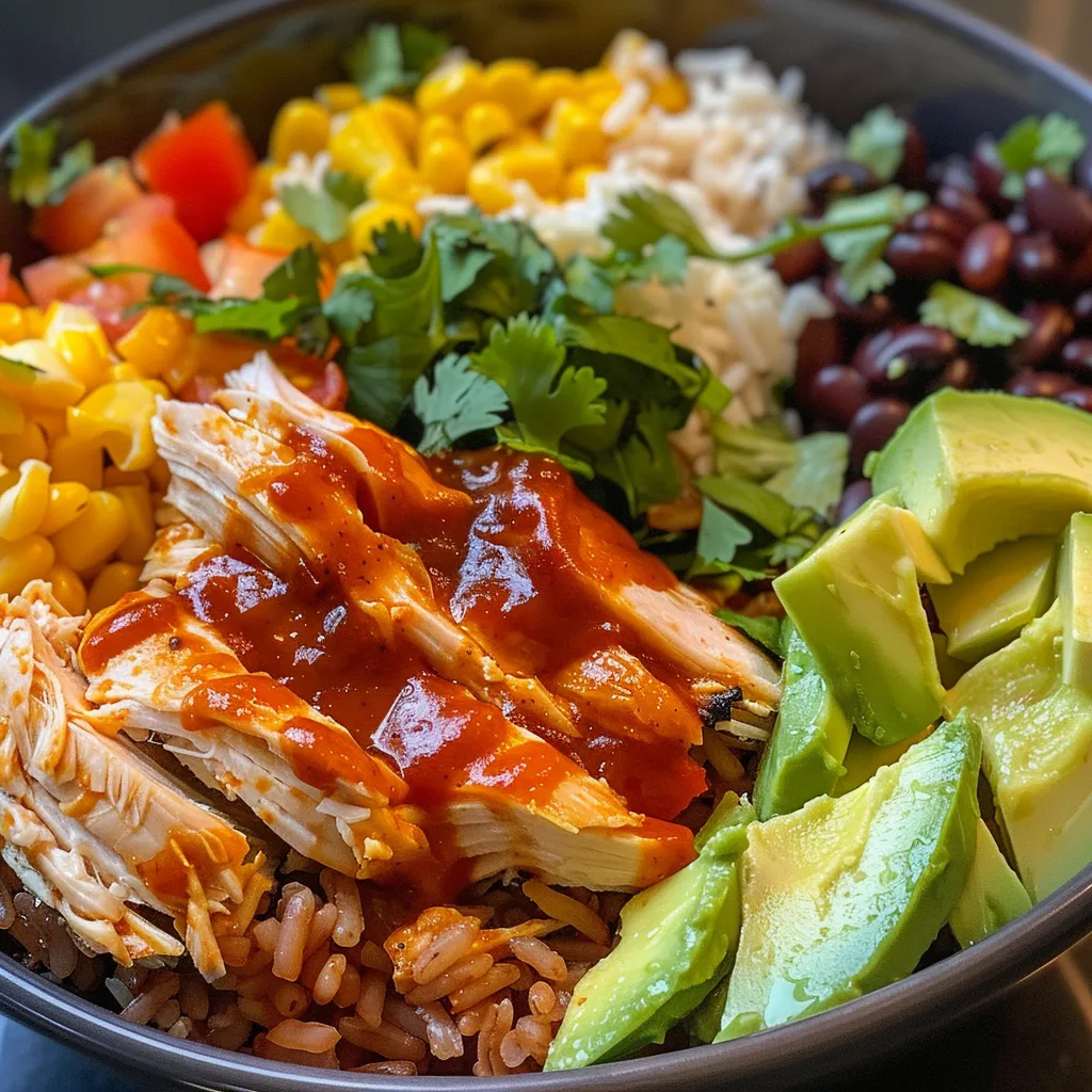 Close-up view of a BBQ chicken bowl featuring shredded chicken, rice, corn, and cheese.