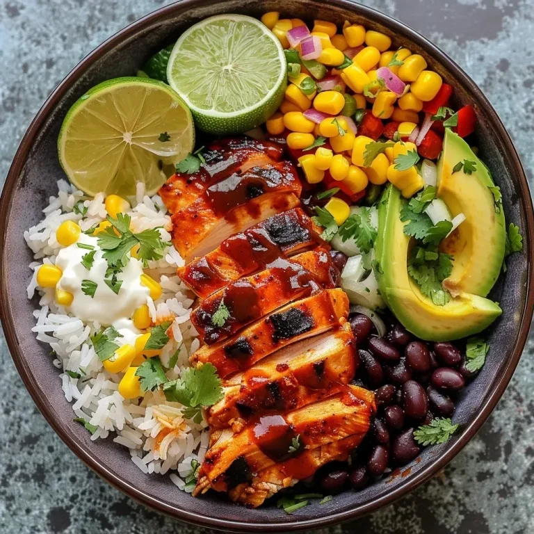 Juicy BBQ chicken bowls featuring sliced avocado, black beans, and corn.