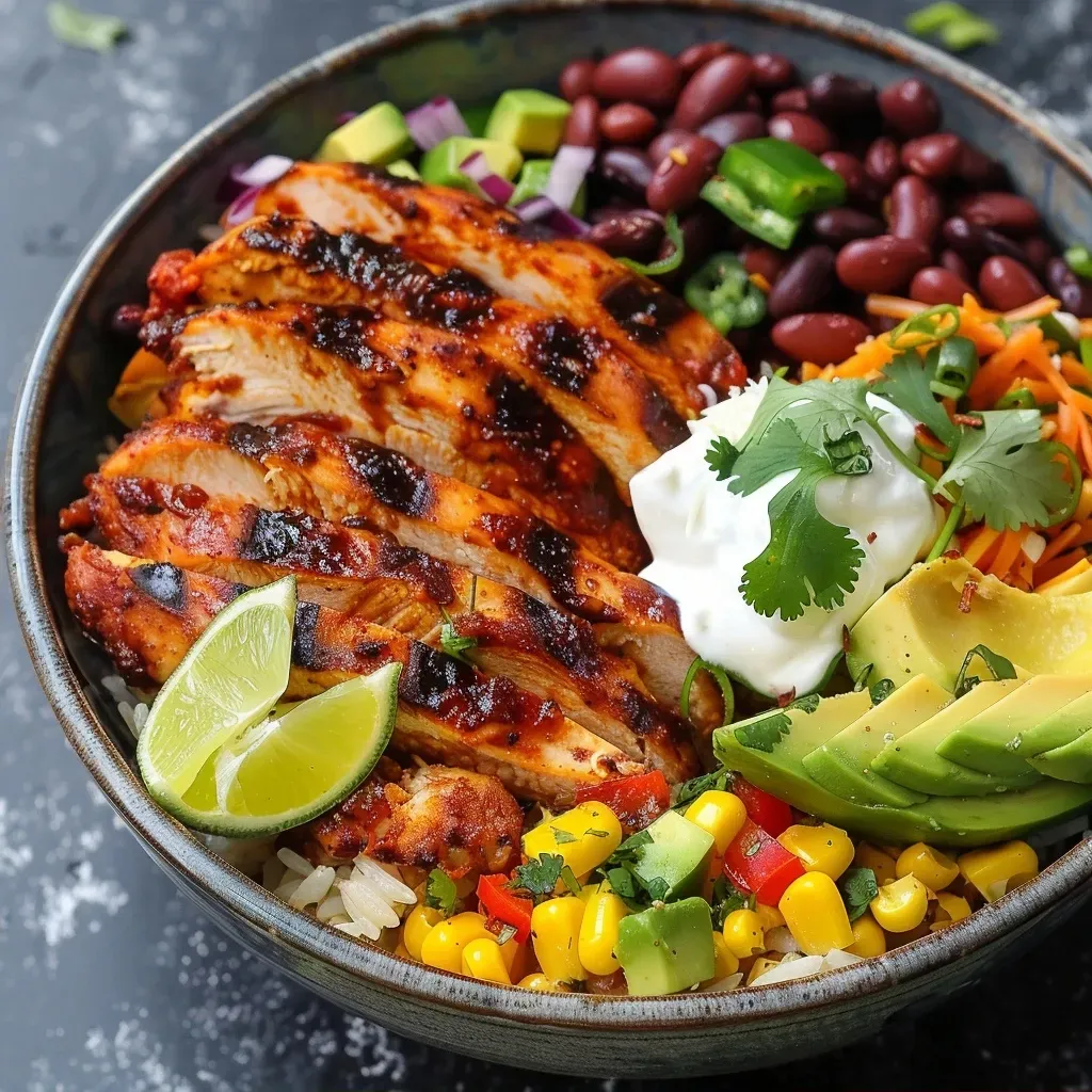 Close-up of a colorful BBQ chicken bowl with cheddar cheese and fresh cilantro.