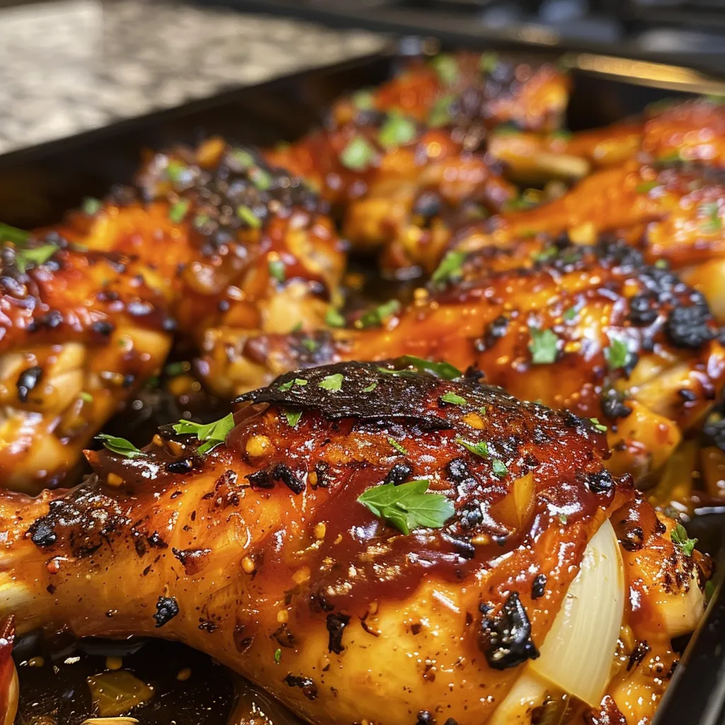 Side view of succulent barbecued chicken with a shiny glaze.