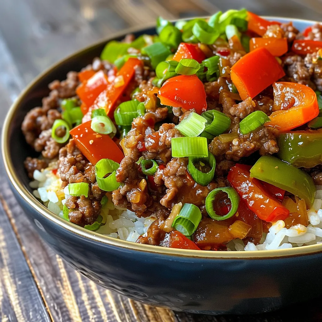 A delicious Beef and Pepper Rice Bowl featuring steaming rice topped with diced peppers and garnish.
