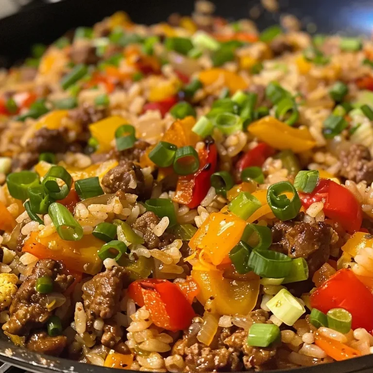 Sizzle into Flavor: The Beef and Rice Skillet That Dances on Your Taste Buds! Close-up view of a Beef and Rice Skillet with colorful bell peppers.