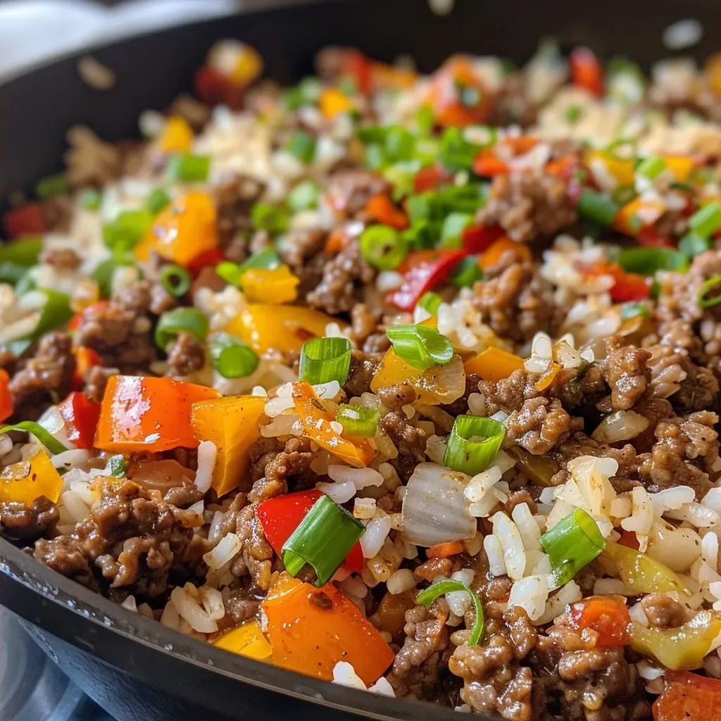 Juicy Beef and Rice Skillet showcasing ground beef and vegetables.
