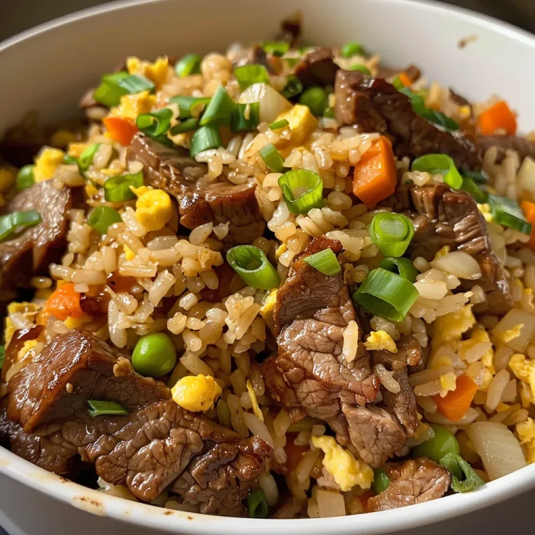 Sizzle and Stir: Irresistible Beef Fried Rice That Packs a Flavor Punch! Close-up of delicious beef fried rice, showcasing thinly sliced beef and colorful vegetables.