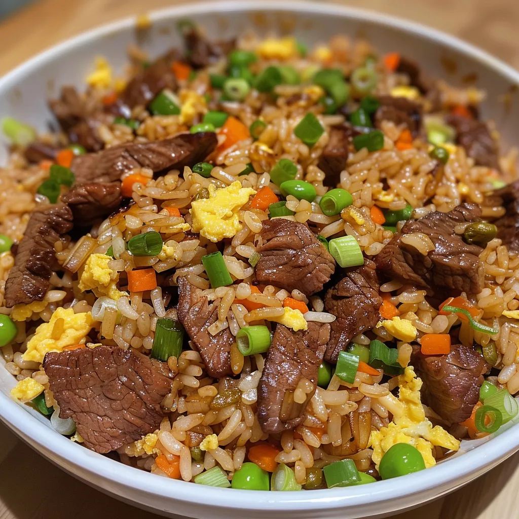 Juicy beef fried rice with mixed vegetables, eggs, and green onions in a bowl.