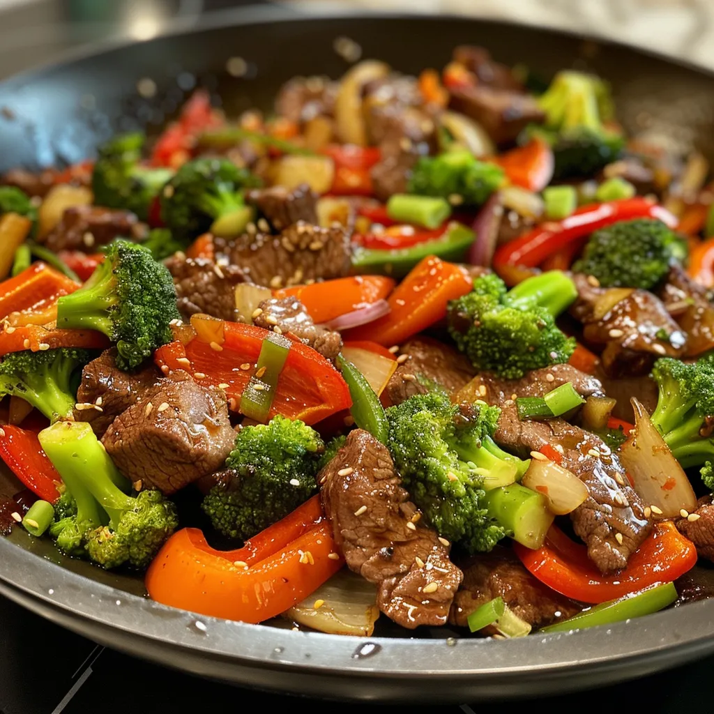 Juicy beef stir fry featuring sliced bell peppers and broccoli.