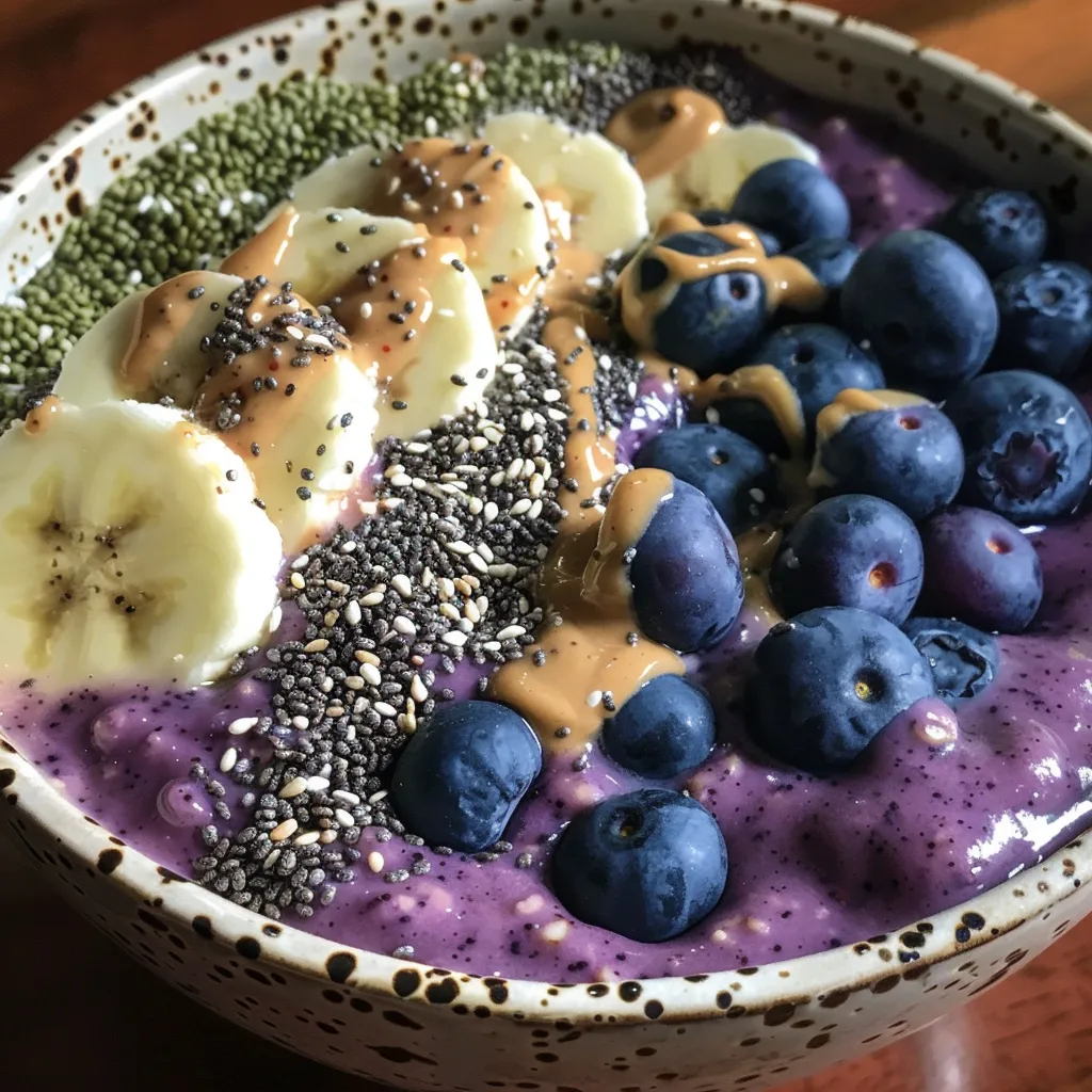 Side view of a delicious smoothie bowl featuring blueberries, oats, and peanut butter with vibrant toppings.