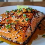 Close-up view of a juicy bourbon marinated salmon filet with a glistening glaze.