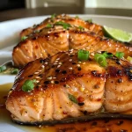 A succulent salmon filet marinated in bourbon, garnished with green onions, on a white plate.