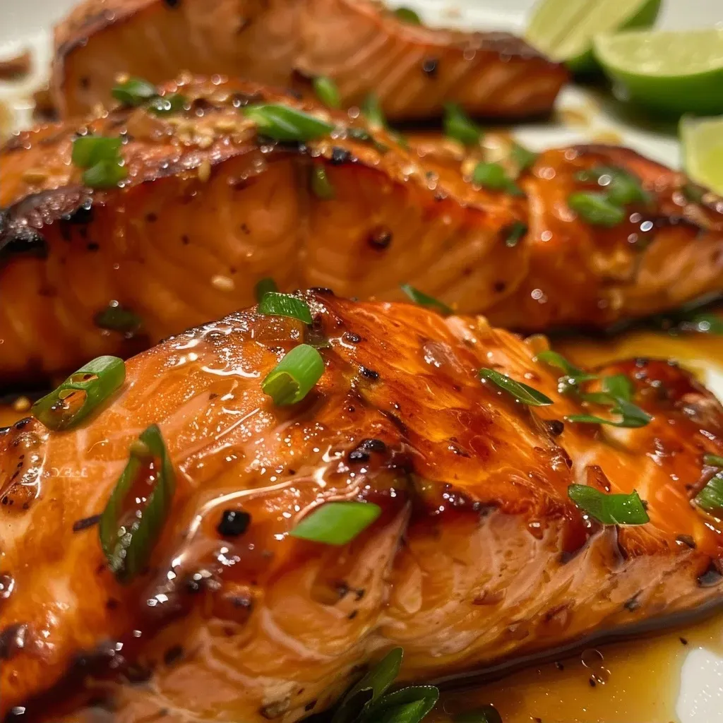 Side view of a beautifully cooked salmon filet marinated in bourbon, garnished with fresh herbs.