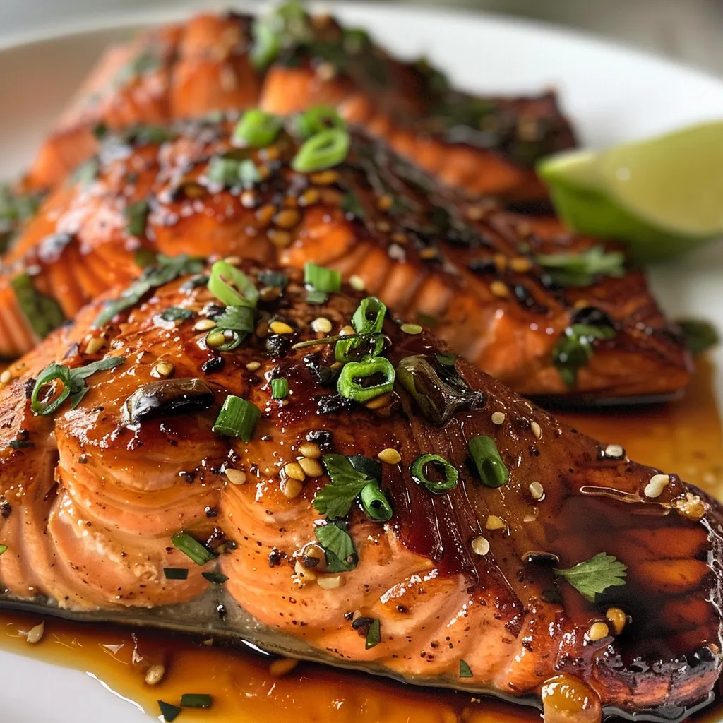 Close-up of bourbon marinated salmon, showcasing a glossy glaze and vibrant green onion garnish.