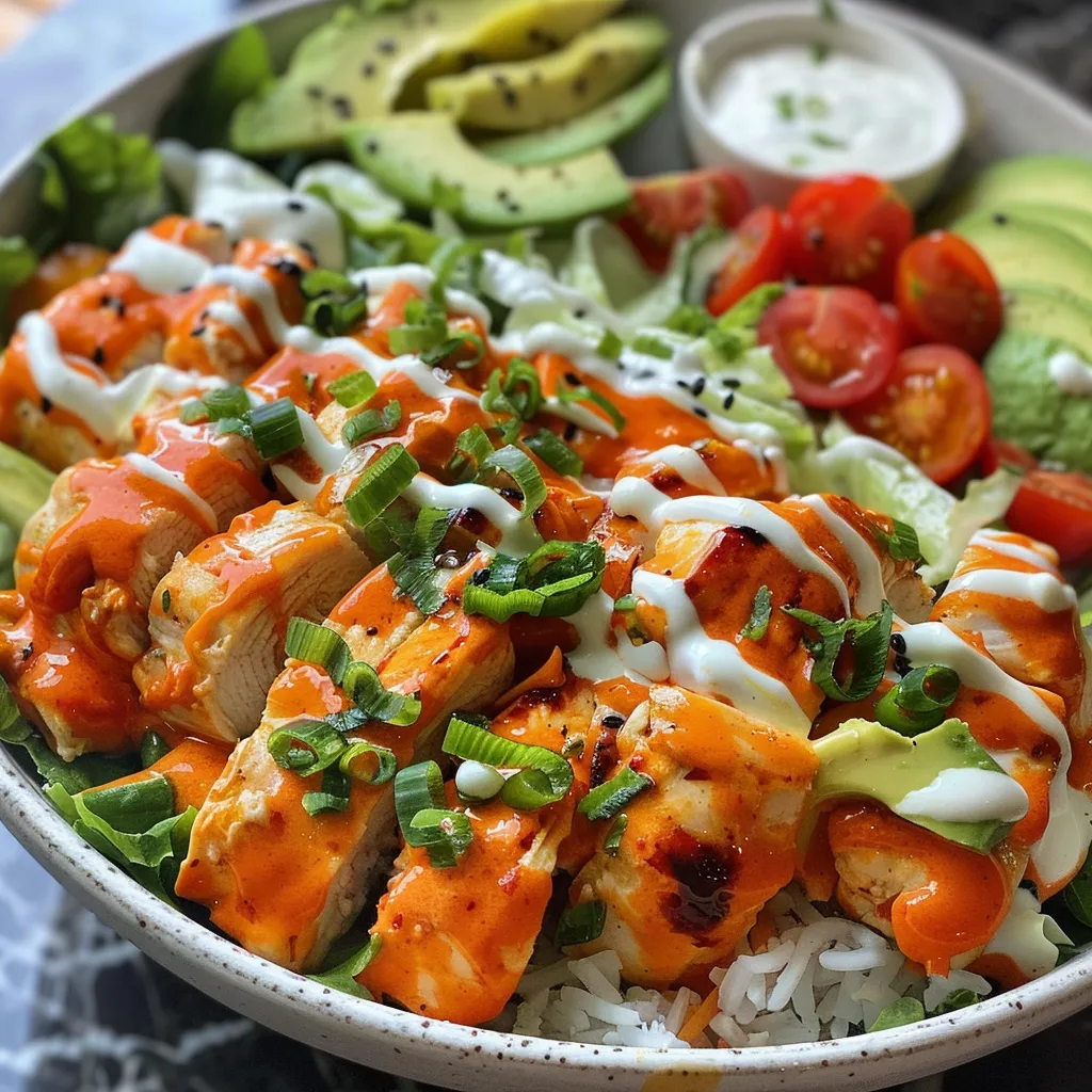 Side view of a hearty Buffalo Chicken Bowl filled with chicken, rice, and toppings.