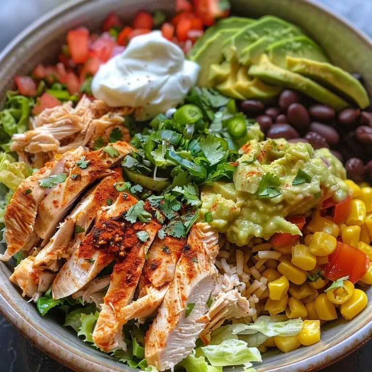 A close-up side view of a colorful Burrito Bowl filled with rice, chicken, and fresh toppings.