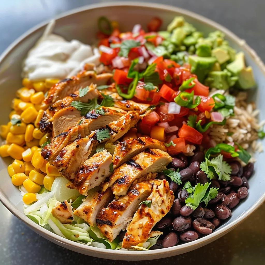 Side view of a Burrito Bowl featuring shredded lettuce, corn, beans, and a dollop of sour cream.
