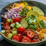 A close-up side view of a colorful chipotle beef burrito bowl with vibrant ingredients.
