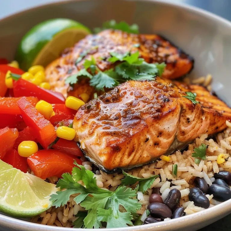 Ignite Your Taste Buds with This Fiery Cajun Salmon Rice Bowl! A close-up view of a vibrant Cajun Salmon Rice Bowl featuring juicy salmon fillets, colorful vegetables, and brown rice.