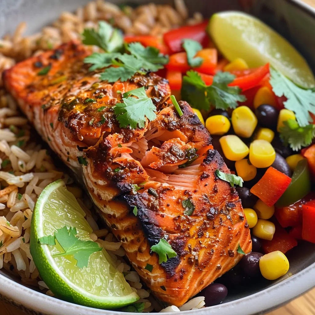 A side view of a delicious Cajun Salmon Rice Bowl, showing salmon, red bell peppers, corn, and black beans over brown rice.