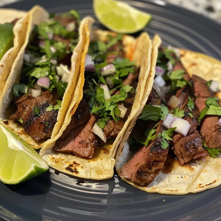 Savory Carne Asada Tacos That Will Ignite Your Taste Buds! A close-up of two Carne Asada tacos garnished with onion and cilantro.