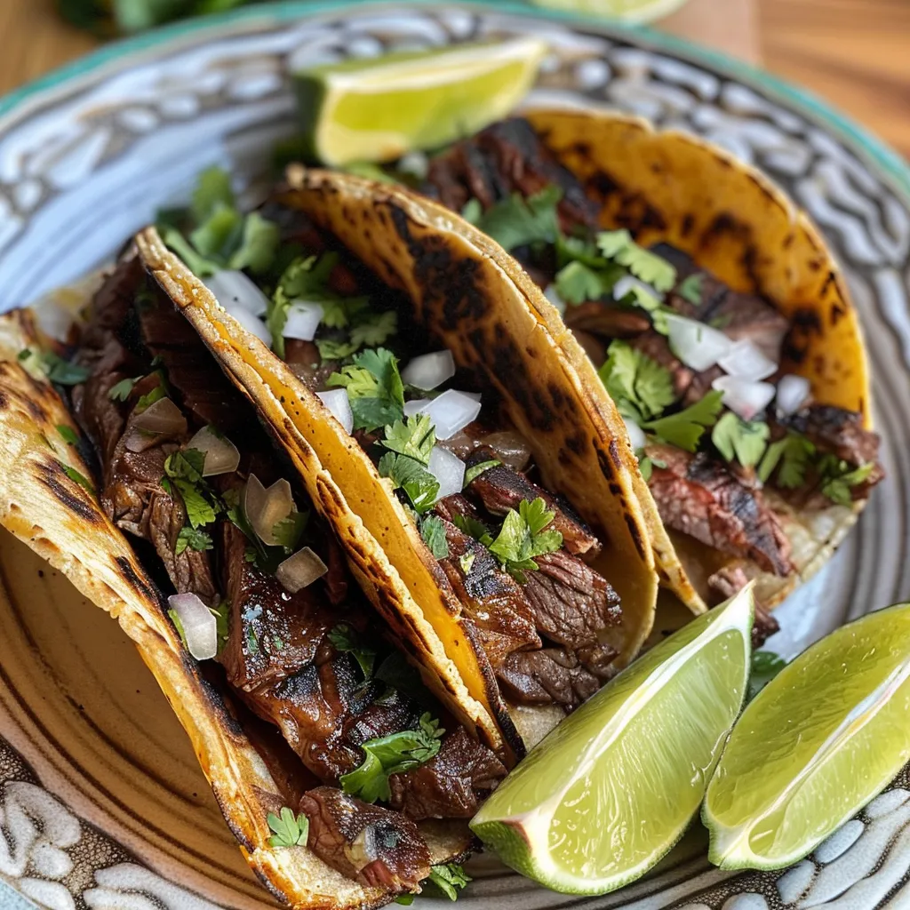 Juicy Carne Asada tacos filled with fresh ingredients, viewed from the side.