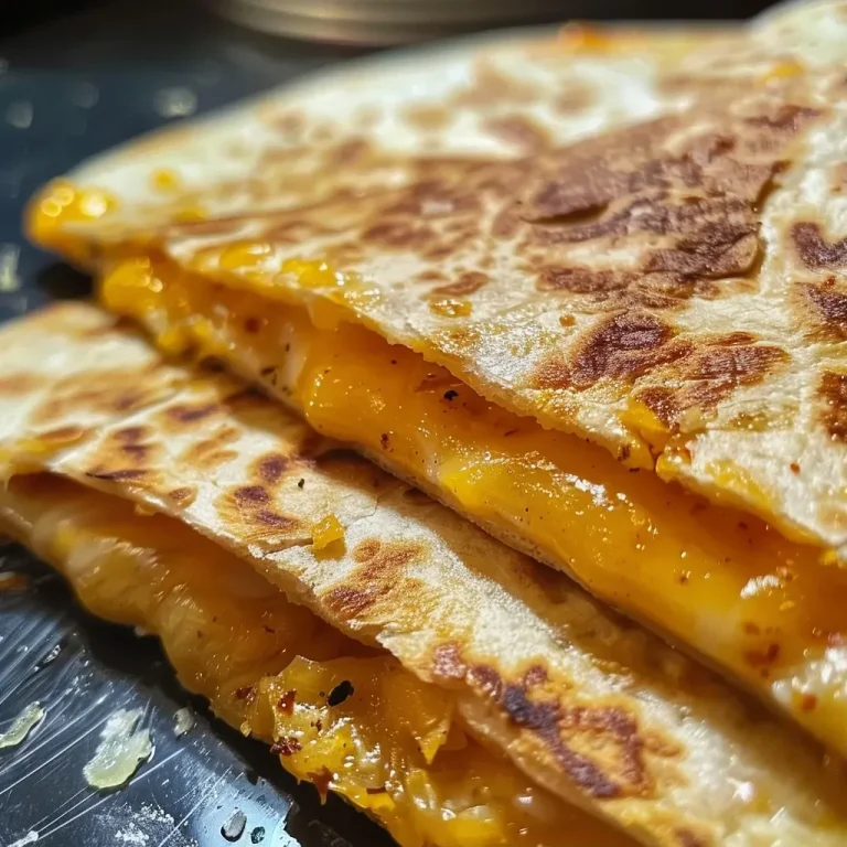 A close-up side view of a cheesy quesadilla, showcasing melted cheese between golden tortillas.