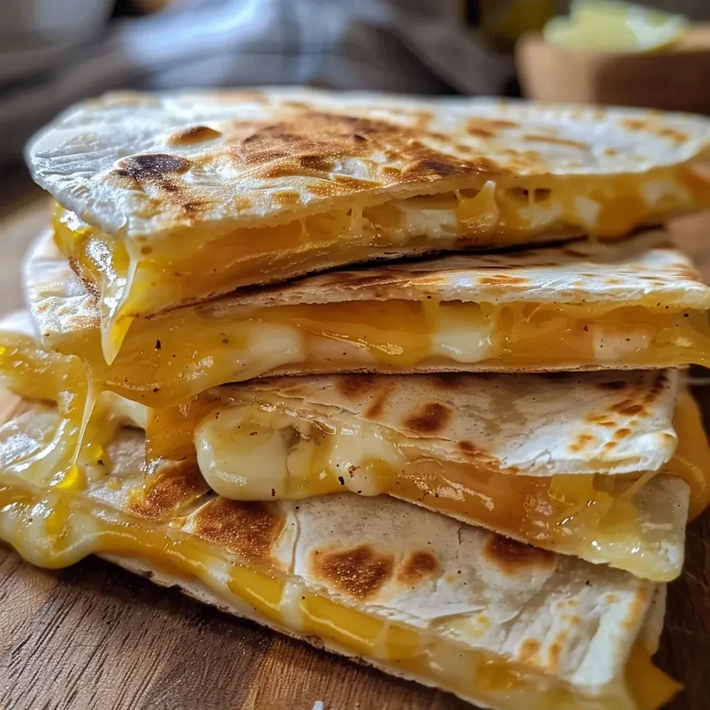A juicy cheese quesadilla displayed on a plate, with visible cheese oozing out of the sides.
