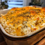 Close-up view of a cheesy chicken and rice bake with golden melted cheese on top.