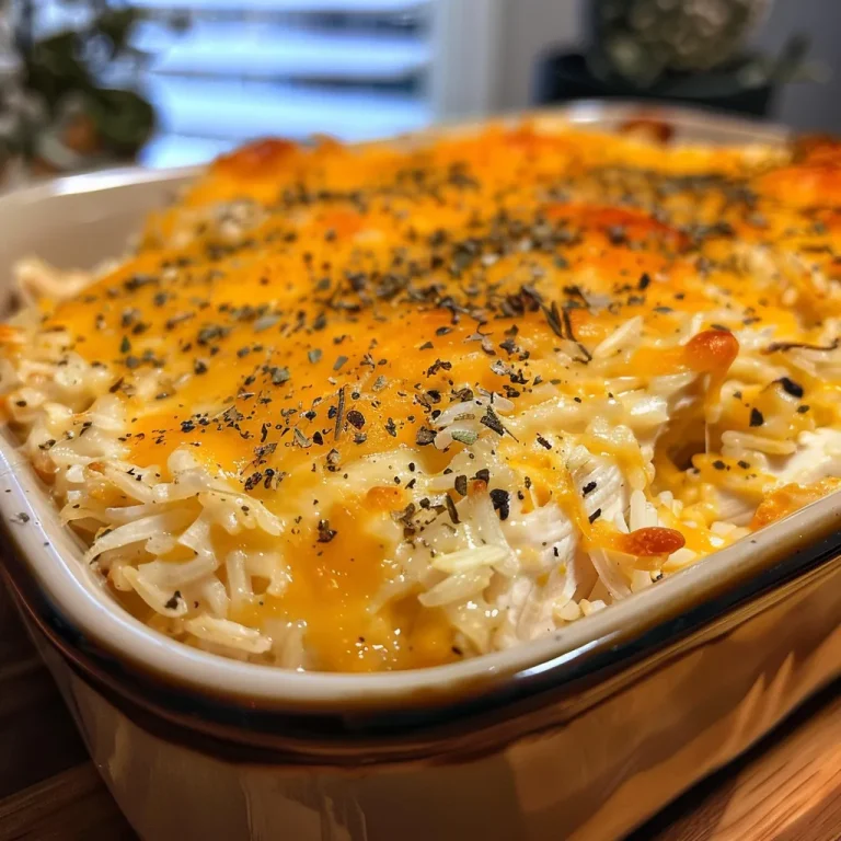 Close-up view of a cheesy chicken and rice bake with golden melted cheese on top.