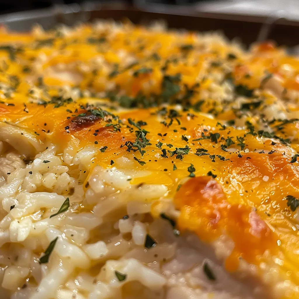 Juicy shredded chicken mixed with rice and topped with gooey cheddar cheese.
