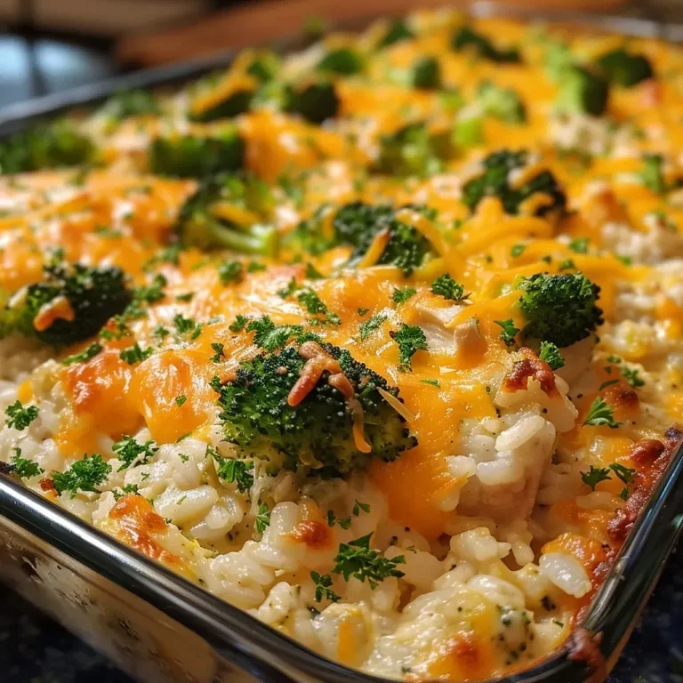 Close-up of a cheesy chicken broccoli rice bake, showcasing a golden, bubbly top and vibrant green broccoli.