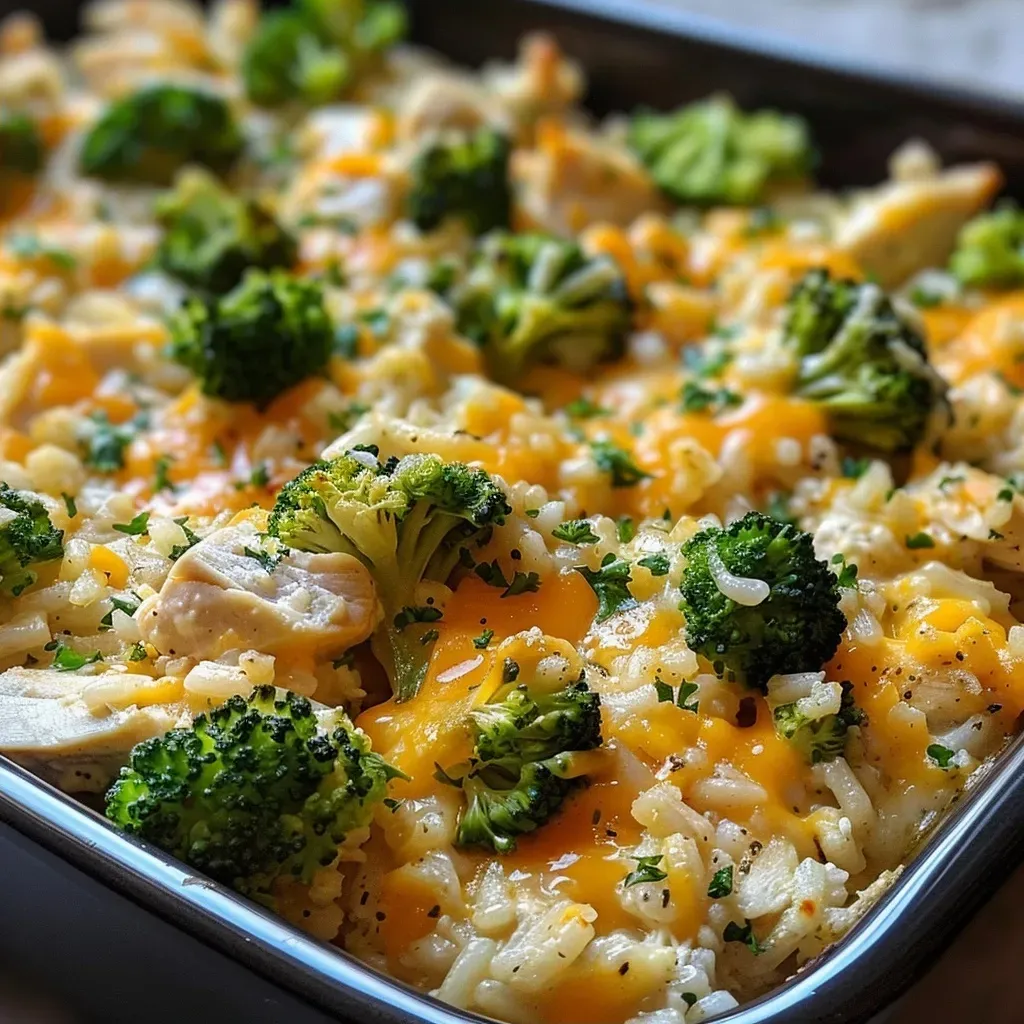 Side view of a delicious cheesy chicken broccoli rice bake, highlighting layers of chicken, rice, and melted cheese.