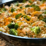 Close-up of a Cheesy Chicken Broccoli Rice Skillet with melted cheese on top.