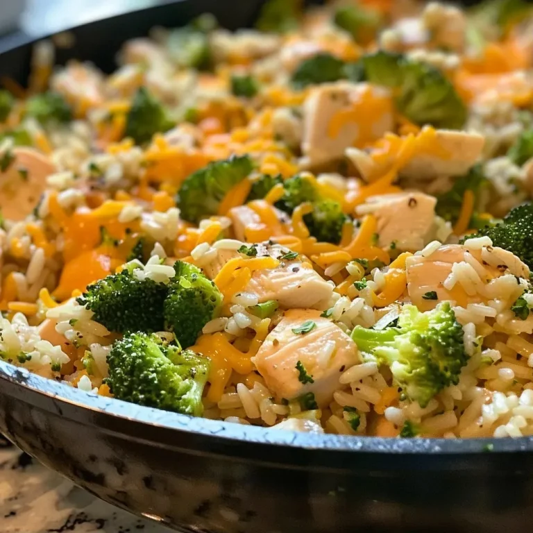 Close-up of a Cheesy Chicken Broccoli Rice Skillet with melted cheese on top.