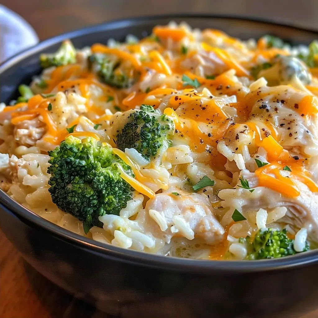 A savory dish featuring chicken, broccoli, and rice coated in cheese.
